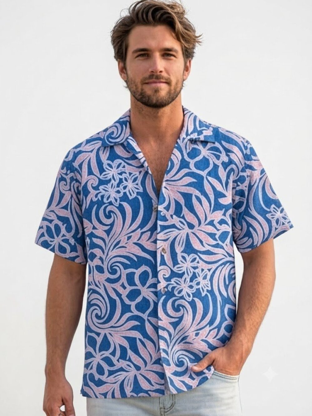 Go Barefoot Vintage Blue & Pink Hibiscus Floral Hawaiian Shirt Short Sleeve M
